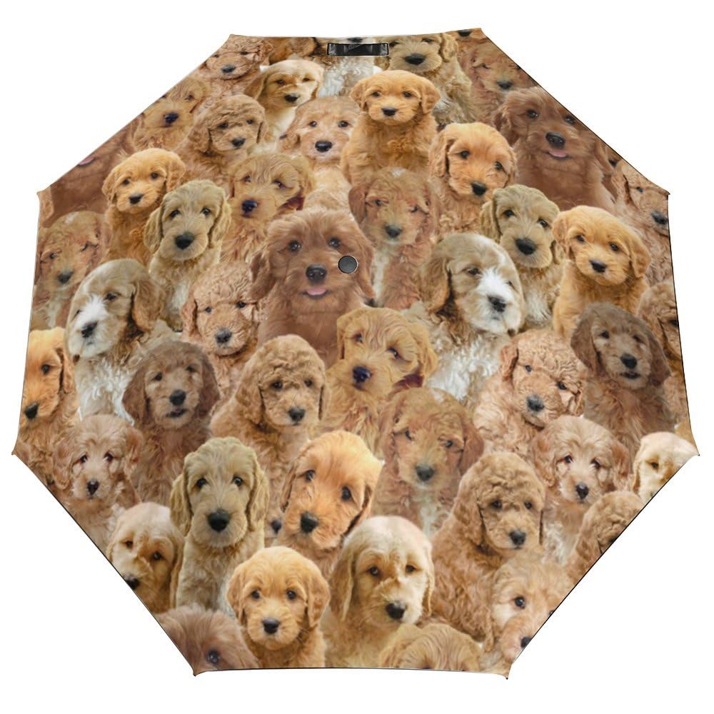 Doodle Dog Folding Umbrella for Rain Sun Travel, Funny Doodle Dog Face Print Lightweight Compact Umbrellas, Windproof Waterproof Stick Umbrella, Gift