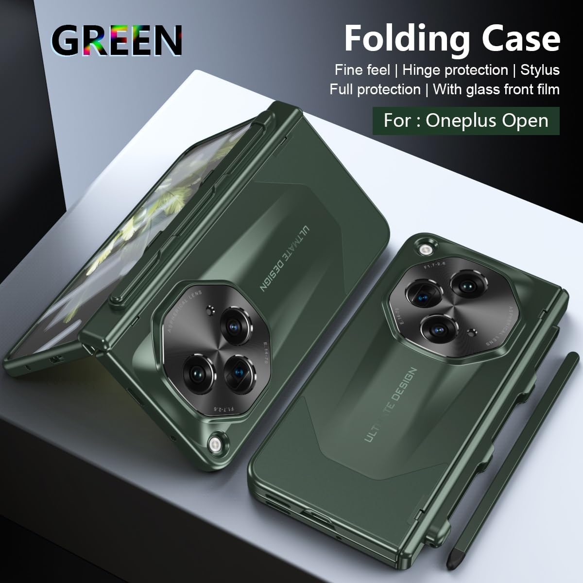 for OnePlus Open Case, Rugged Cover Shockproof Hard Full-Body Protective Phone Case Cover for OnePlus Open Case with Screen Protector Case S-Pen Slot(Green)