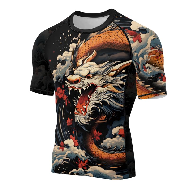 FORMONIES POD Men's Dragon Short Sleeve Compression Shirt Baselayer Skin Fit Rash Guard MMA BJJ