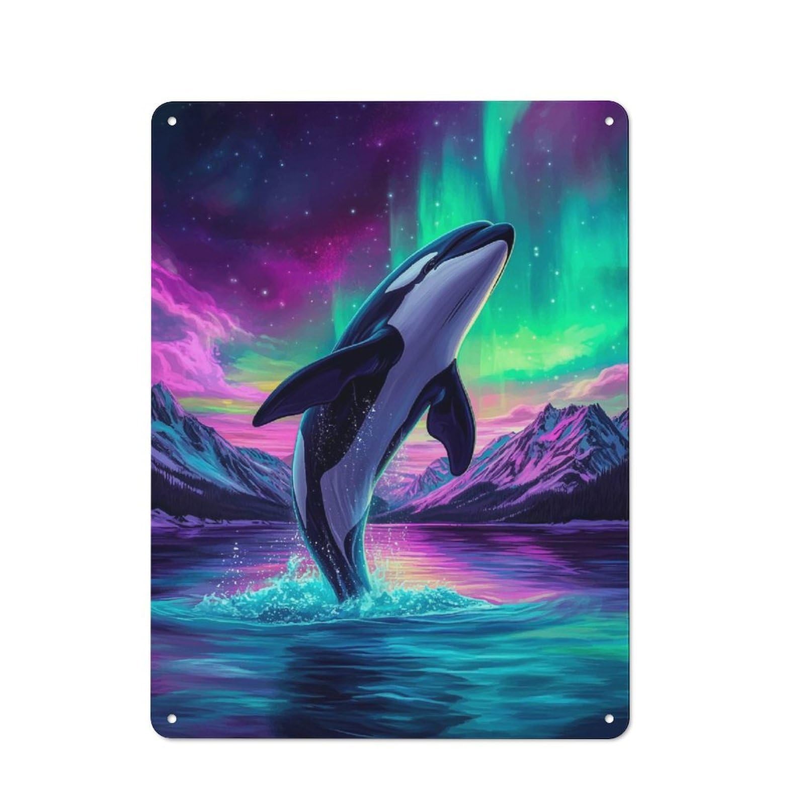 Tin Wall Sign with Orca Under Aurora Borealis Design 40x30cm, Classic Diner Style Decor for Bakery, Diner, Cafe Or Family Room