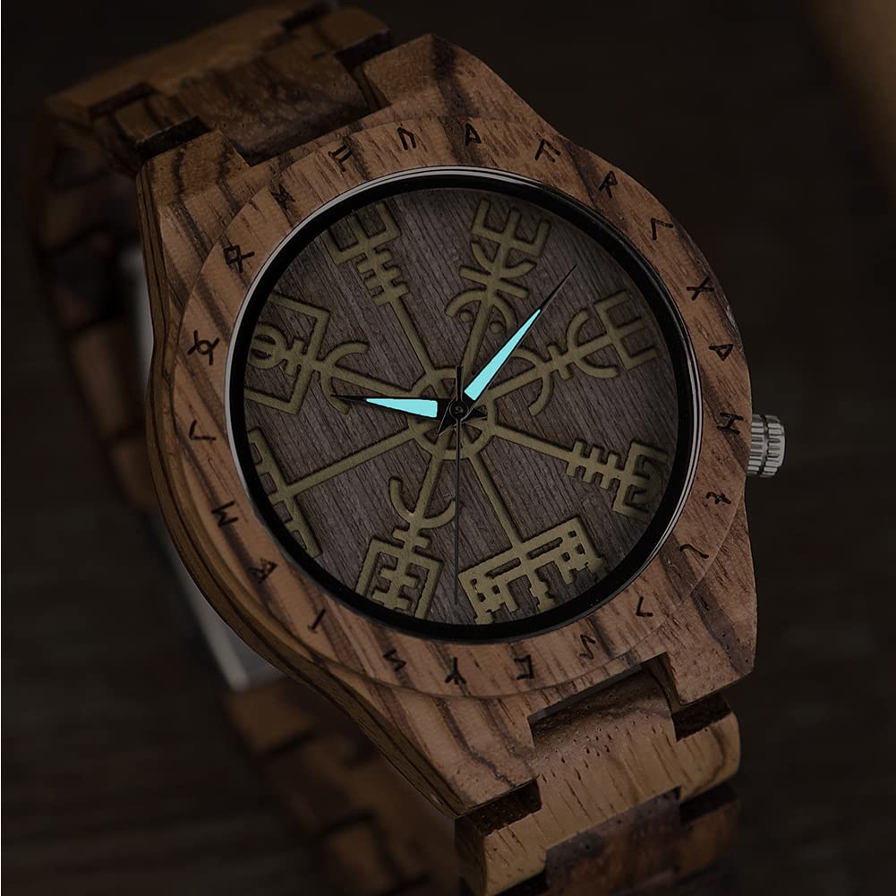 Wikinger Herrenuhr Holzuhr, Wood Armbanduhr mit Helm der Ehrfurcht Symbol Nordische Mythologie Holzarmband Vintage Verstellbare Quarzuhr Runenkreis Geschenk