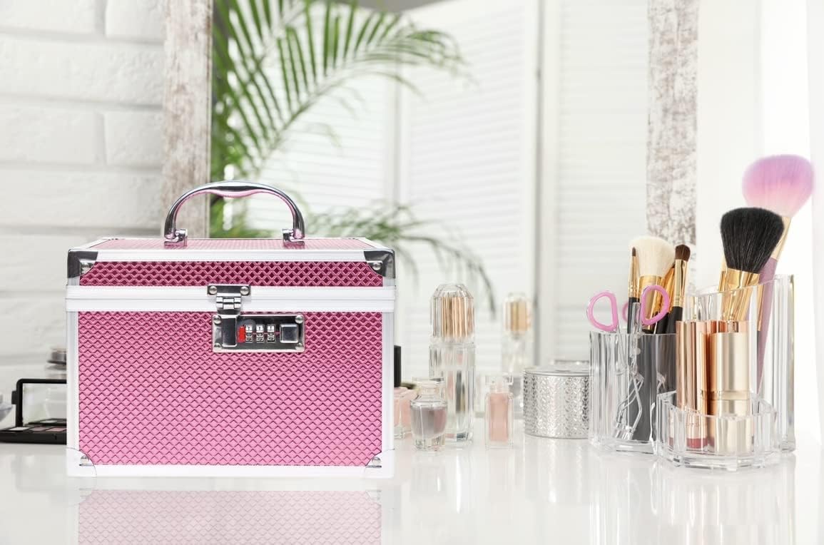 ADSON Professional Beauty Makeup Box Cosmetic Vanity Case/Box With Mirror (Metallic Pink), Free Size , 12 Cm 2