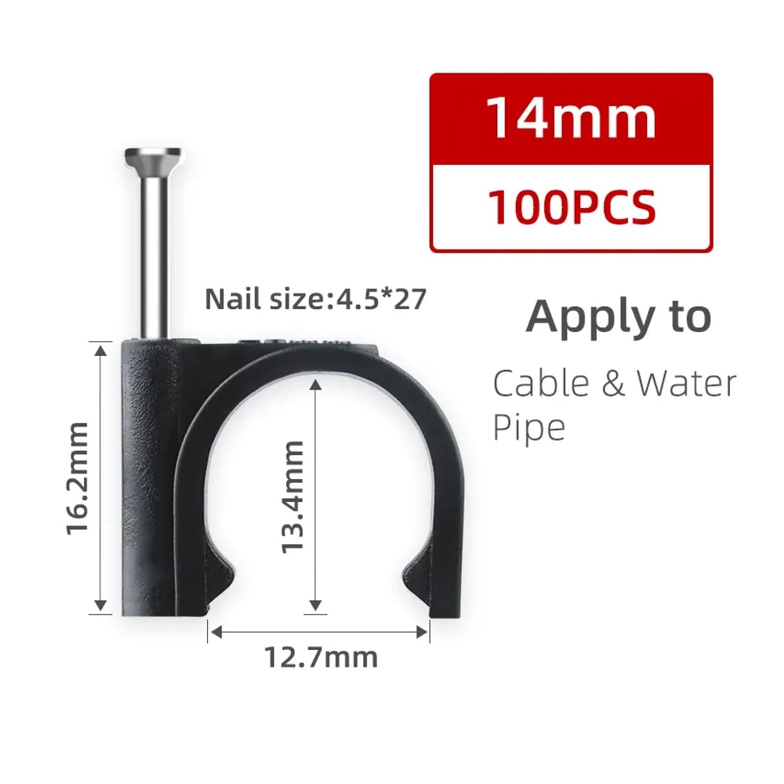 Clips pour câbles, Lot de 100 serre-câbles et clips avec clous noirs de 4 à 14 mm(Round 14MM)