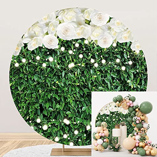Bovlleetd Feuilles Vertes Toile de Fond Ronde 220cm Herbe Mur Fleur Fond Été Nature Paysage Tir Fond Tissu Studio Photographie Accessoires pour Bannière de Fête d'anniversaire en Plein Air Cover
