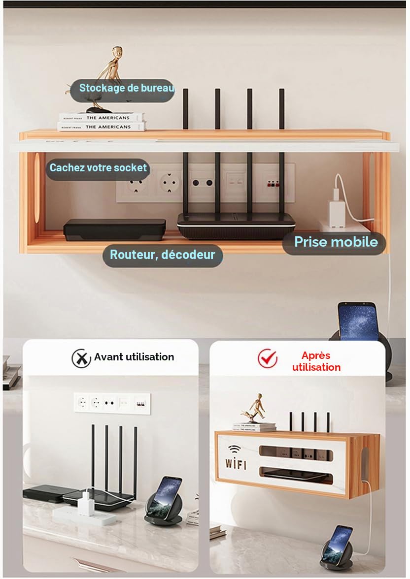 Cache Box, Etagere Rangement Murale, Etagere Murale Ranger la Box et Le Routeur TV, Etagere pour Decodeur Cache par Faitement Le Boitier TV, Modem, Router et Cables(Brown)