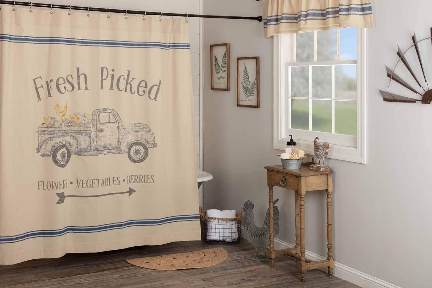Piper Classics Fresh Picked Shower Curtain, Printed Blue Farm Truck/Produce & Flowers, 72" x 72", Bathroom Curtain