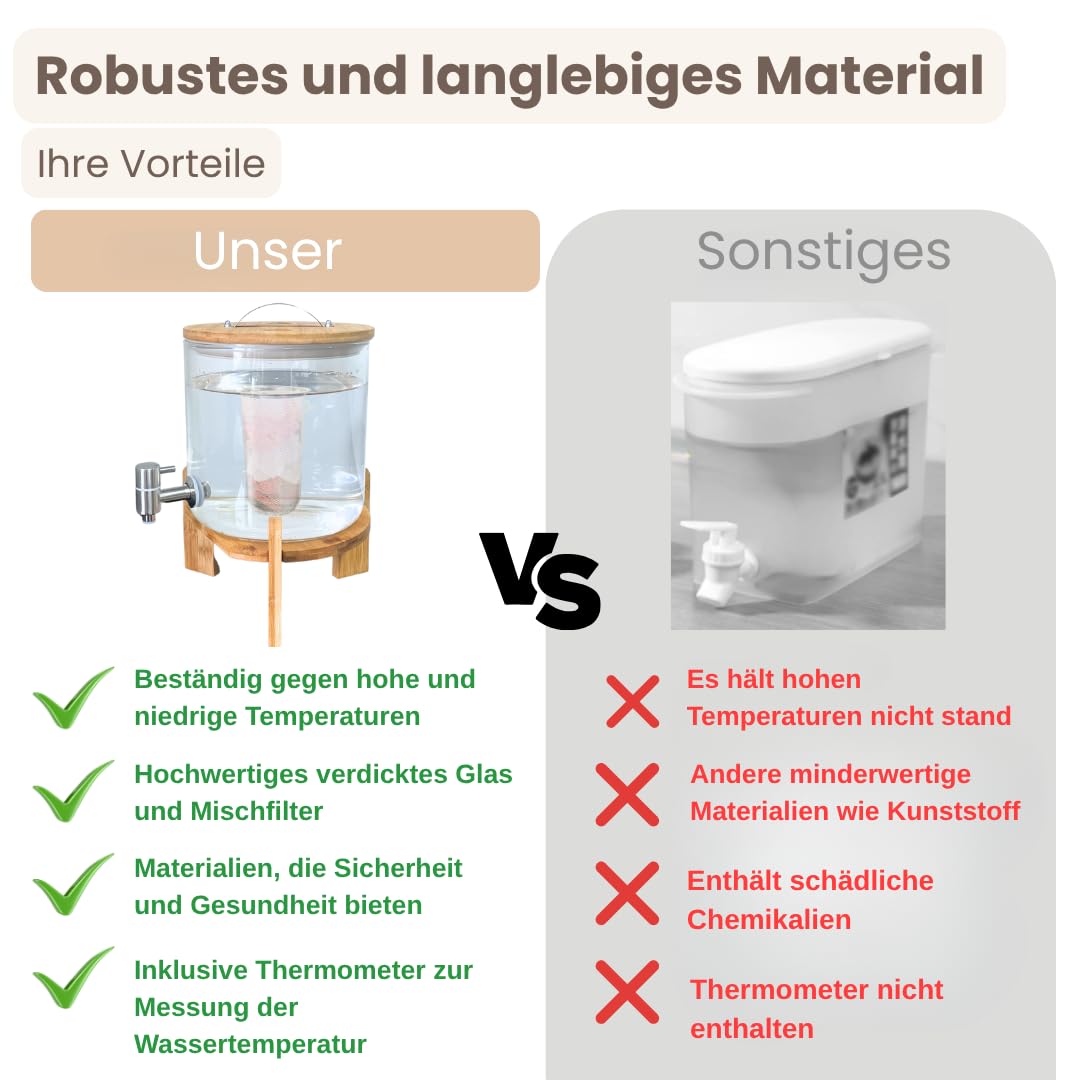 Getränkespender aus Glas mit Hahn, therapeutischen Steinen, Deckel und Ständer aus Bambusholz, inklusive Filter zum Mischen im Innenbereich, 5 Liter