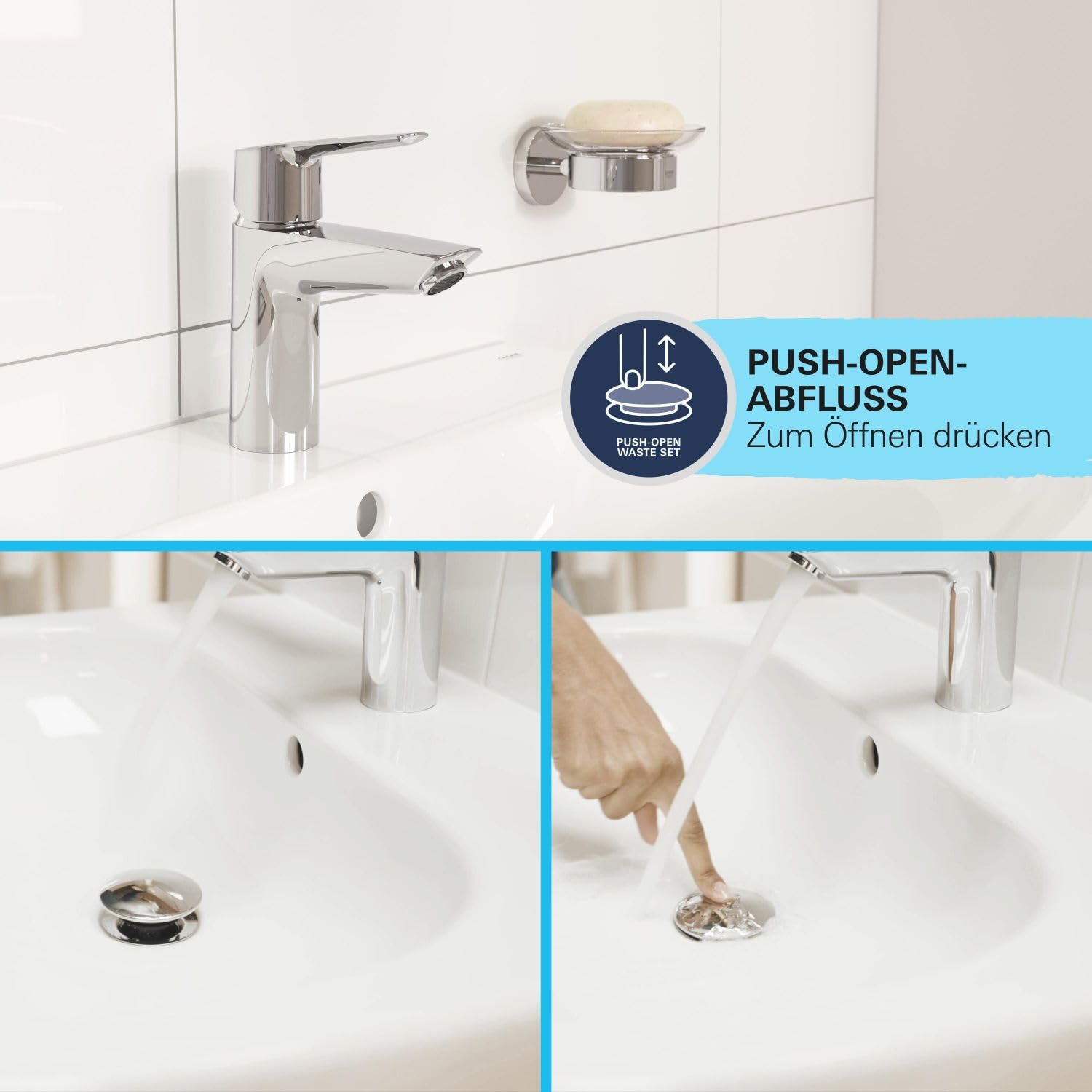 GROHE Start, Waschtischarmatur, wassersparend (Wasserhahn für das Bad, Badarmatur mit Pop-Up Ablauf, 19cm hoch, mit 3in1 Werkzeug, einfache Installation am Waschbecken), schwarz, 242042432