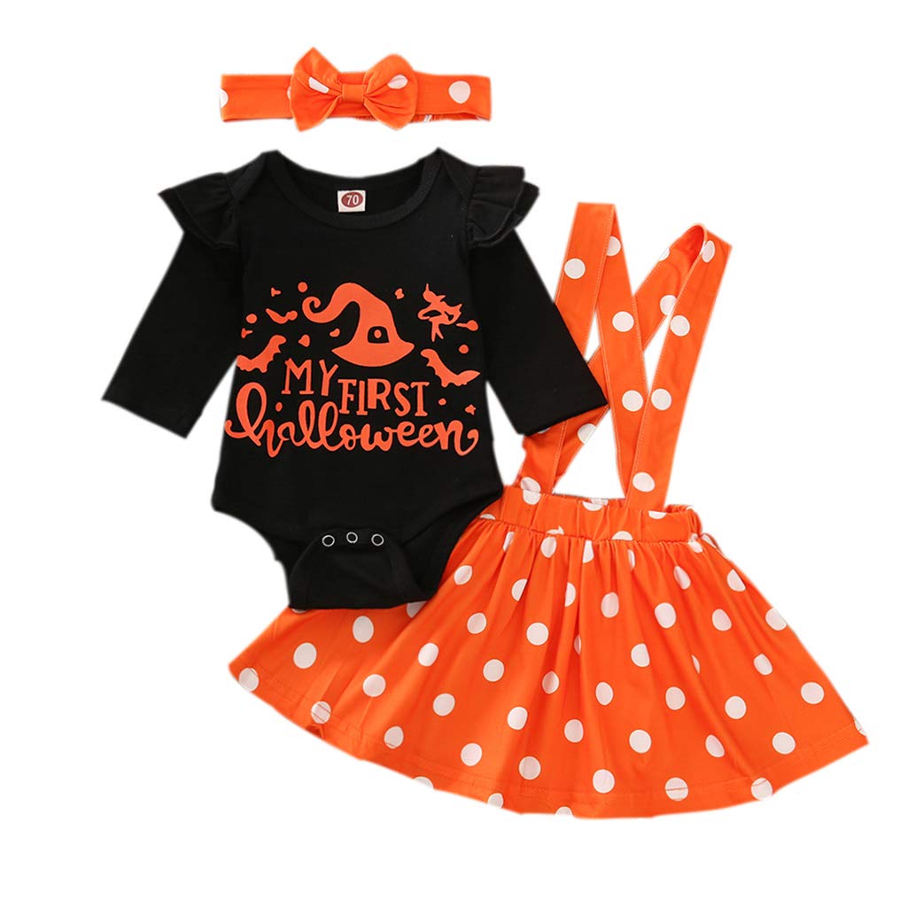 Halloween Toddler Infant Baby Girl Holiday Clothes Long Sleeve Top Pumpkin/Turkey Suspender Skirt Outfit Set (Halloween-Orange Letter,6-12 Months)