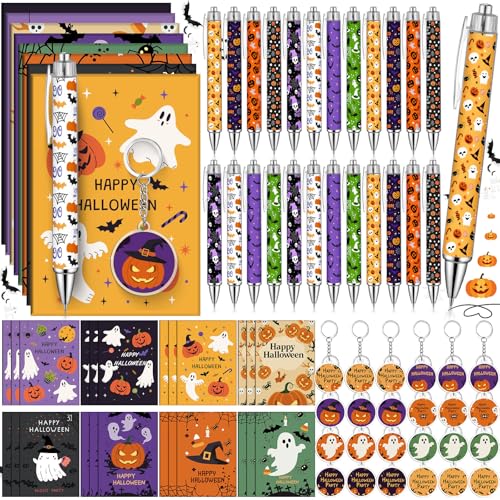 Juego de 24 bolígrafos y llaveros de Halloween con cuaderno de bolsillo para fiestas