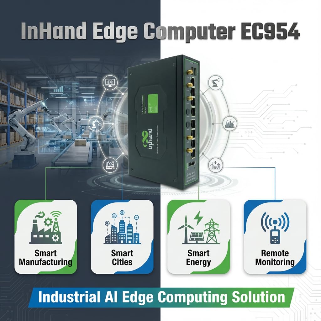 InHand Networks EC954 Industrial AI Edge Computer, wbudowany 26 TOPS Hailo-8 NPU, 4G LTE (EMEA/UK), czterordzeniowy ARM Cortex-A55, 4 GB RAM, 4 x porty gigabitowe, RS232/485, bez wentylatora bramka