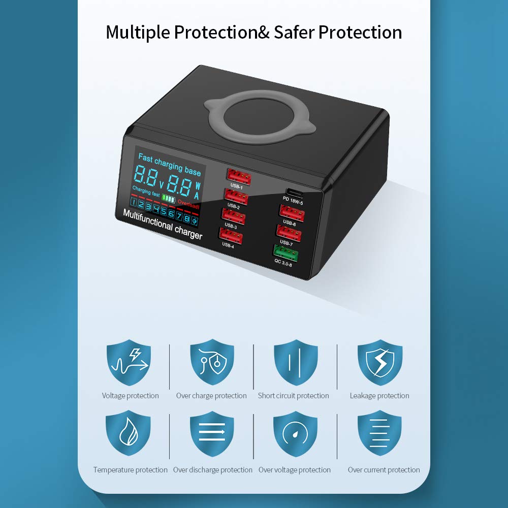 X9 8 portów bezprzewodowa ładowarka USB do szybkiego ładowania PD + QC3.0 + port USB stacja ładująca ze wskaźnikiem LED, kompatybilna z telefonem/laptopem/tabletem, wtyczka UE