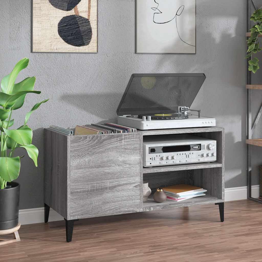 Armadio per dischi grigio sonoma, 84,5 x 38 x 48 cm, in legno con gambe in metallo, per vinili, vinili, armadietto multiuso, soggiorno, ufficio, corridoio
