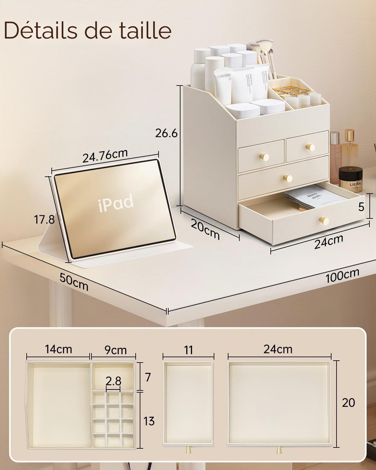 Vlando Organisateur de maquillage avec 4 tiroirs, Organisateur de table de maquillage, Organisateur de cosmétiques, Organisateur de maquillage pour salle de bain, Organisateur de soins de la peau pour