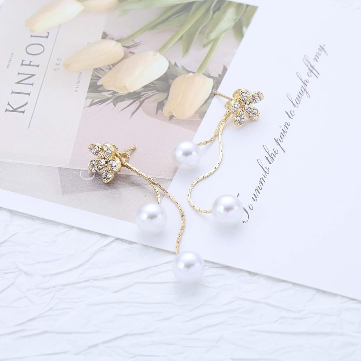 Vintage Pearl Ear Jacket Earrings Crystal Flower Stud Earrings Long Pearl Drop Front Back Long Tassel Chain Dangle Jewelry for Women - Image 6