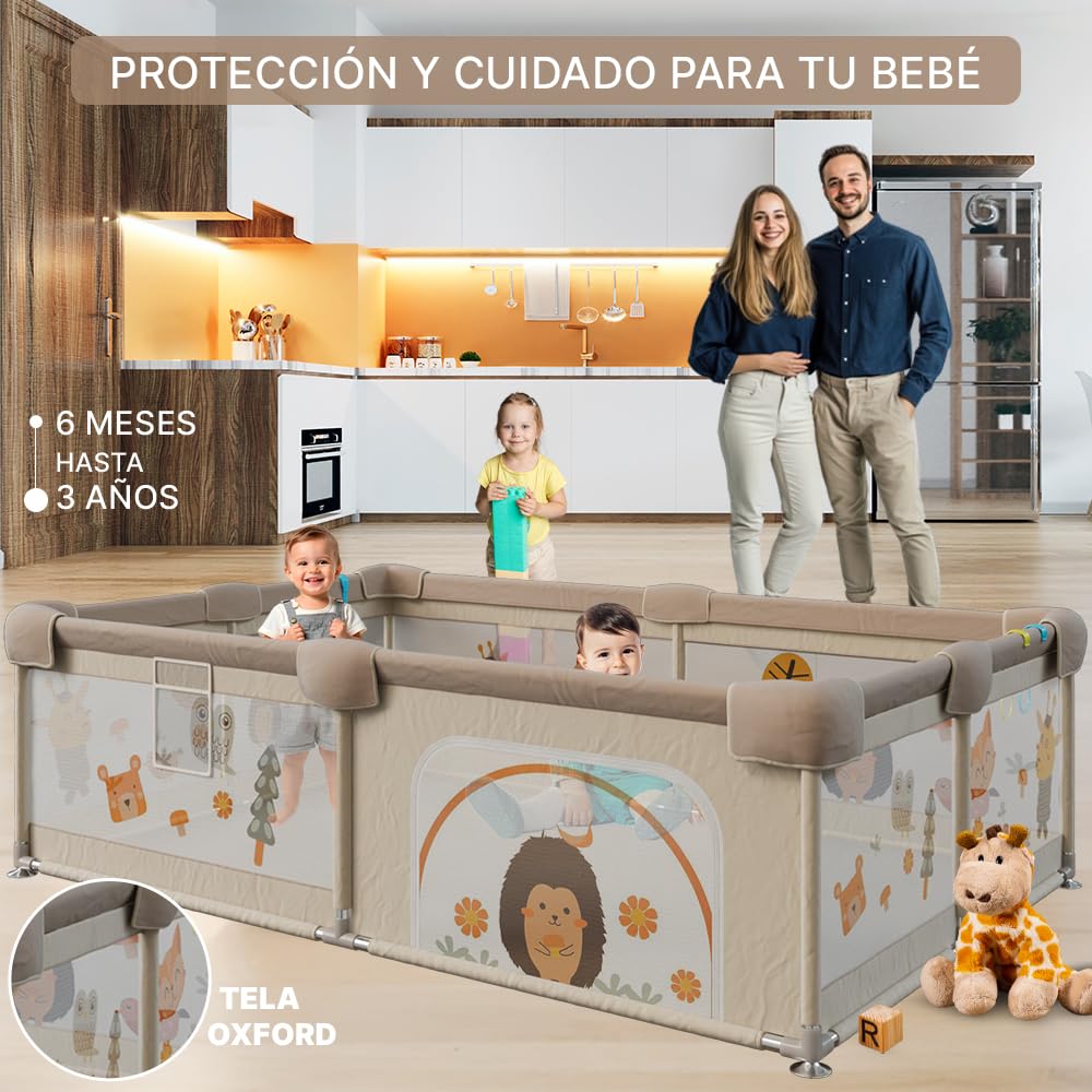 SELVA 150 x 180 – Corralino per bambini con rete di animali traspirante – Corral pieghevole Baby antiscivolo – Tappeto imbottito + 2 anelli (150 x 180 cm, foresta)