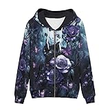 Irisjudy Black Cat Zip Up Hoodies Womens Purple Rose Flower Zipper Hoodies, Gothic Cat Rose Sweatshirt with Pockets Casual Long Sleeve Track Jackets