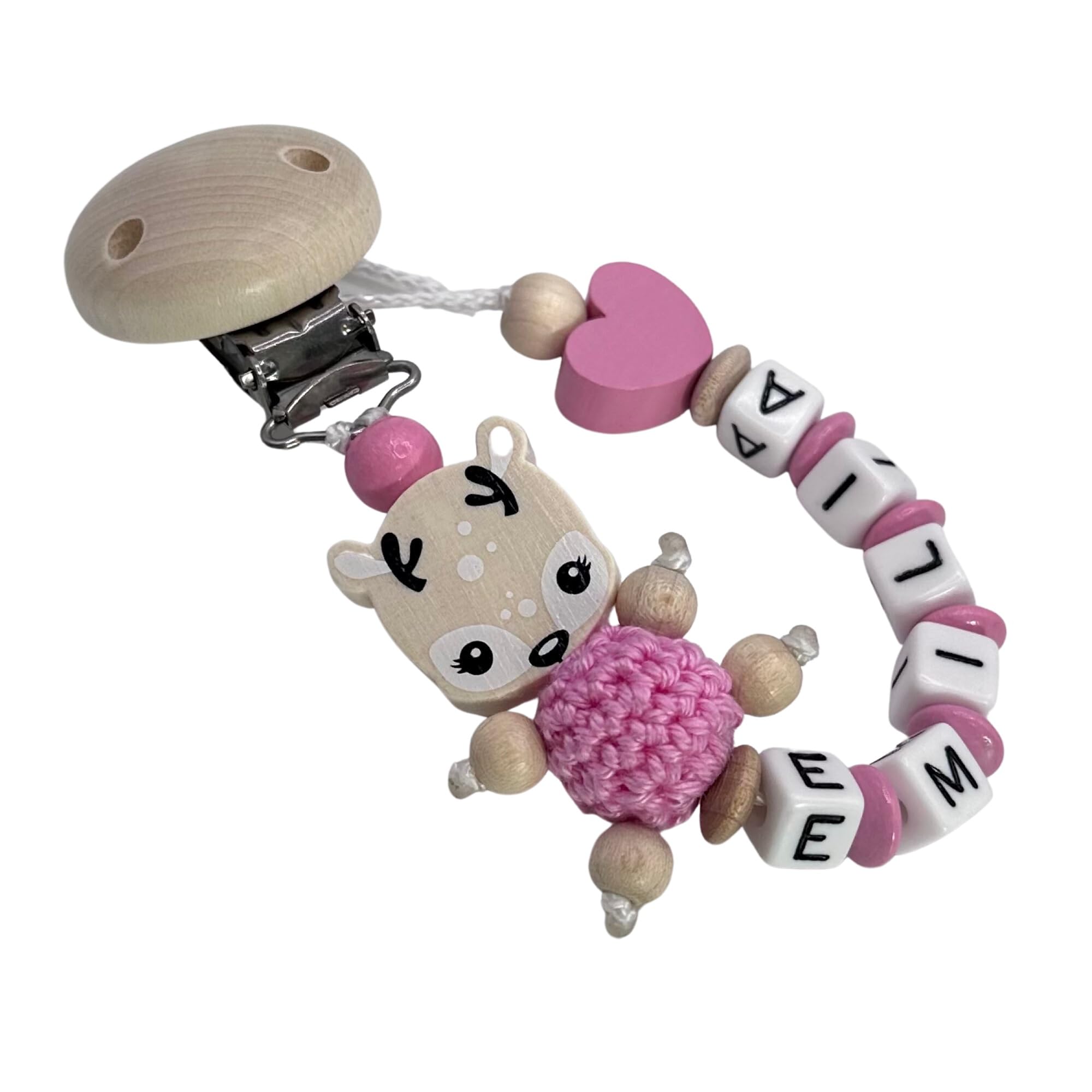 AVH Enterprise Schnullerband mit Namen für Mädchen & Jungen personalisierte Baby Geschenke (REH Herzchen)