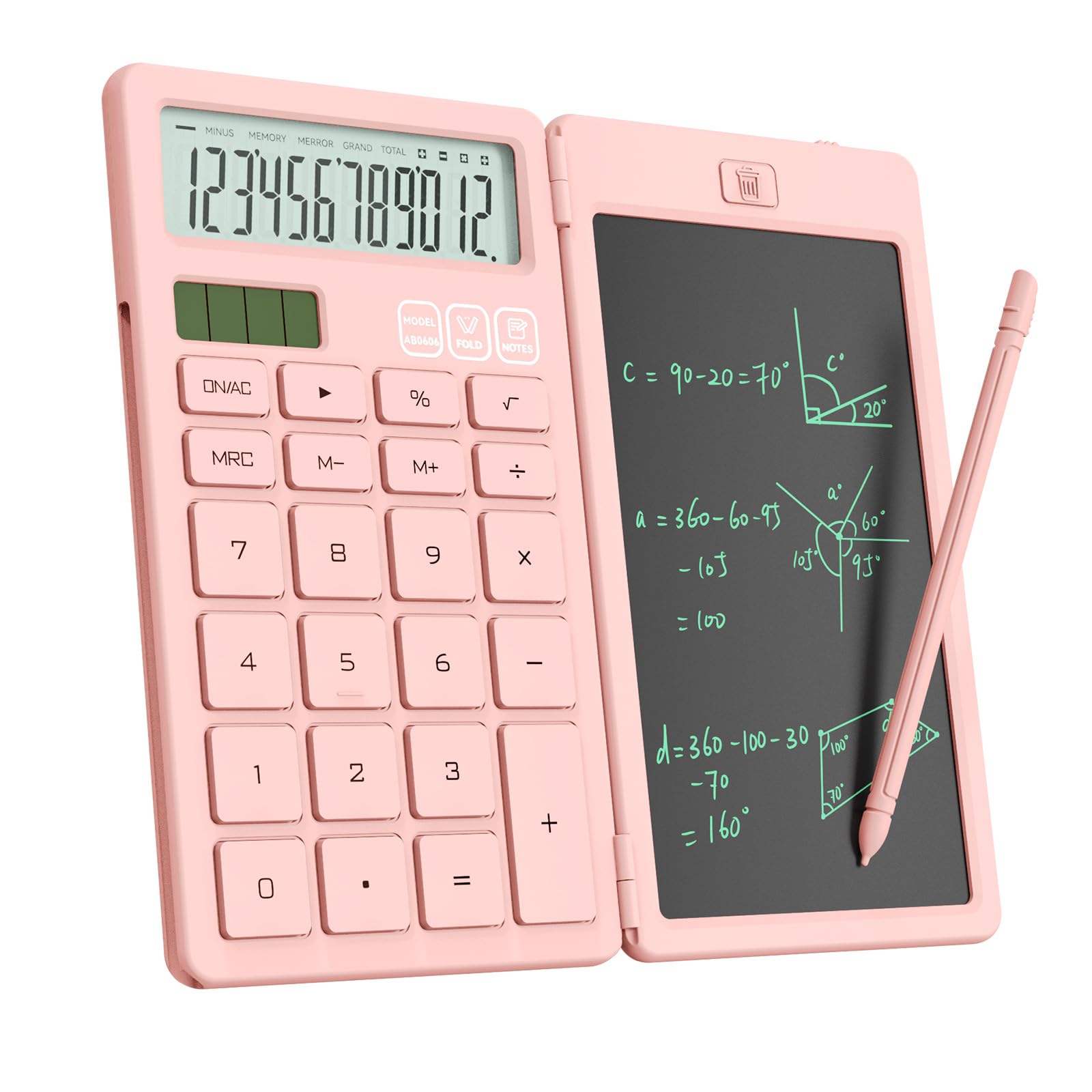 ROATEE Foldable 2-in-1 Basic Calculator with Erasable LCD Handwriting Tablet,12-bit HD Widescreen,Rechargeable Solar Dual Power Supply,Suitable for Students and Office Use (pink)