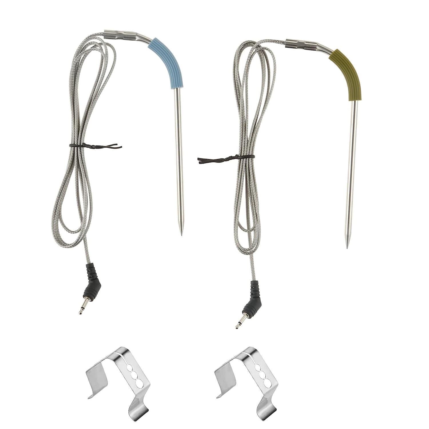 2 Pack Meat Probe Replacement, 2.5MM Plug Temperature Probe Replacement for Weber Igrill Mini, Igrill 2, Igrill 3, iGrill Pro, with 2 Probe Clip Holders (Green & Blue)