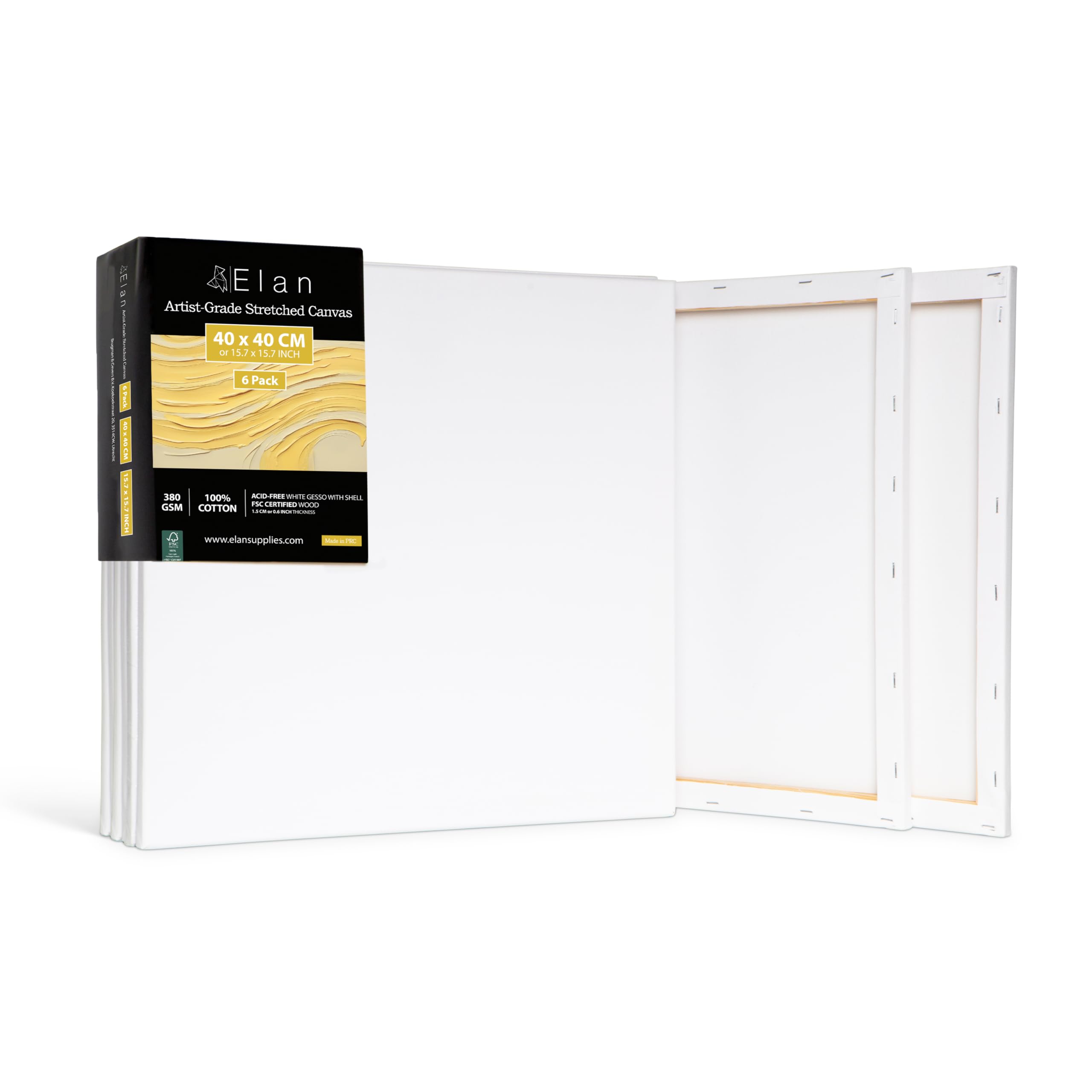 Elan Stretched Canvases 40x40 CM, 6-Pack Artist Canvas for Painting 380 GSM