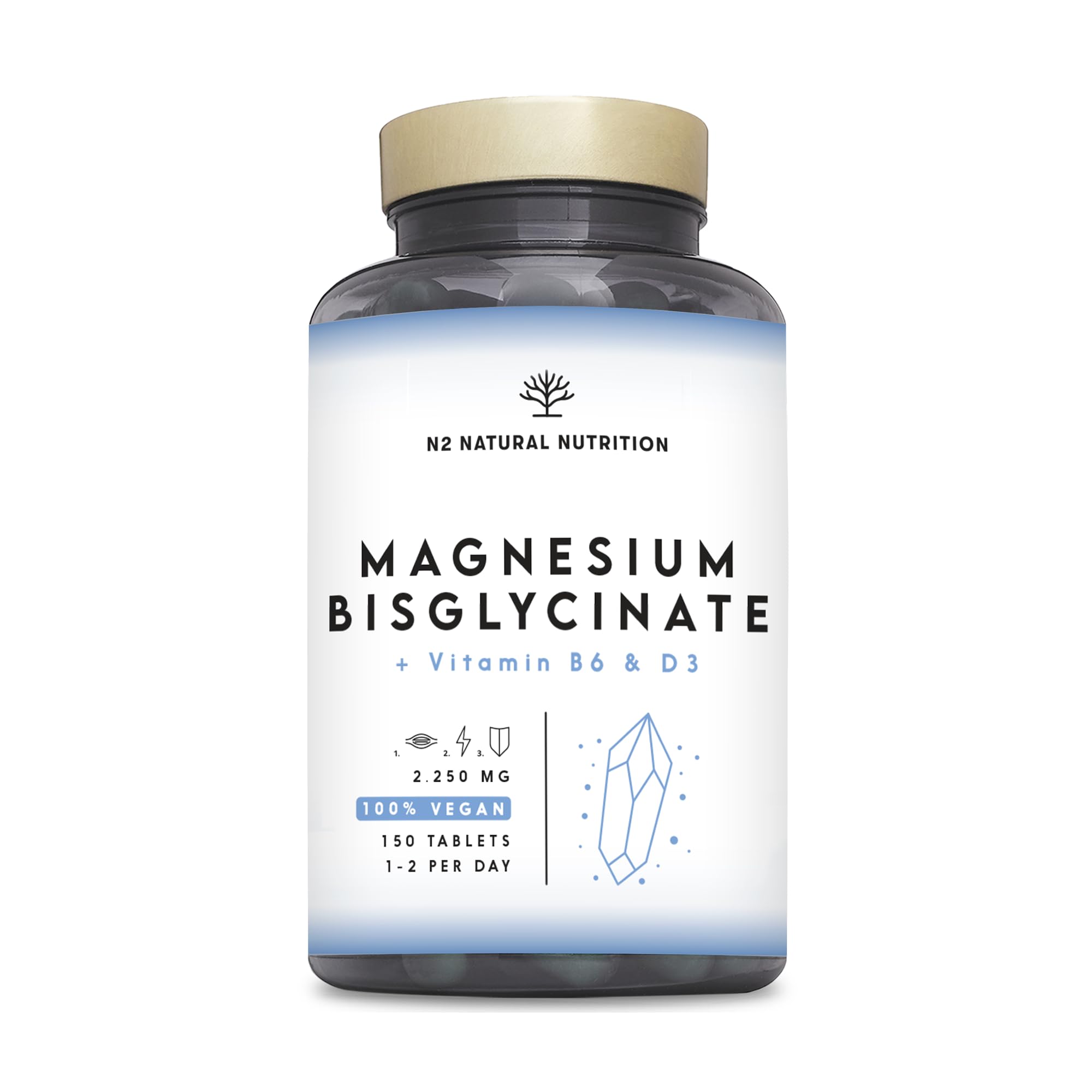 Magnesium Bisglycinat 2250mg, 450mg Elementares + B6 + D3 pro Tagesdosis, zur Reduzierung von Müdigkeit und Erschöpfung, 150 Hochdosiert Tablets (5 Monats). N2 Natural Nutrition
