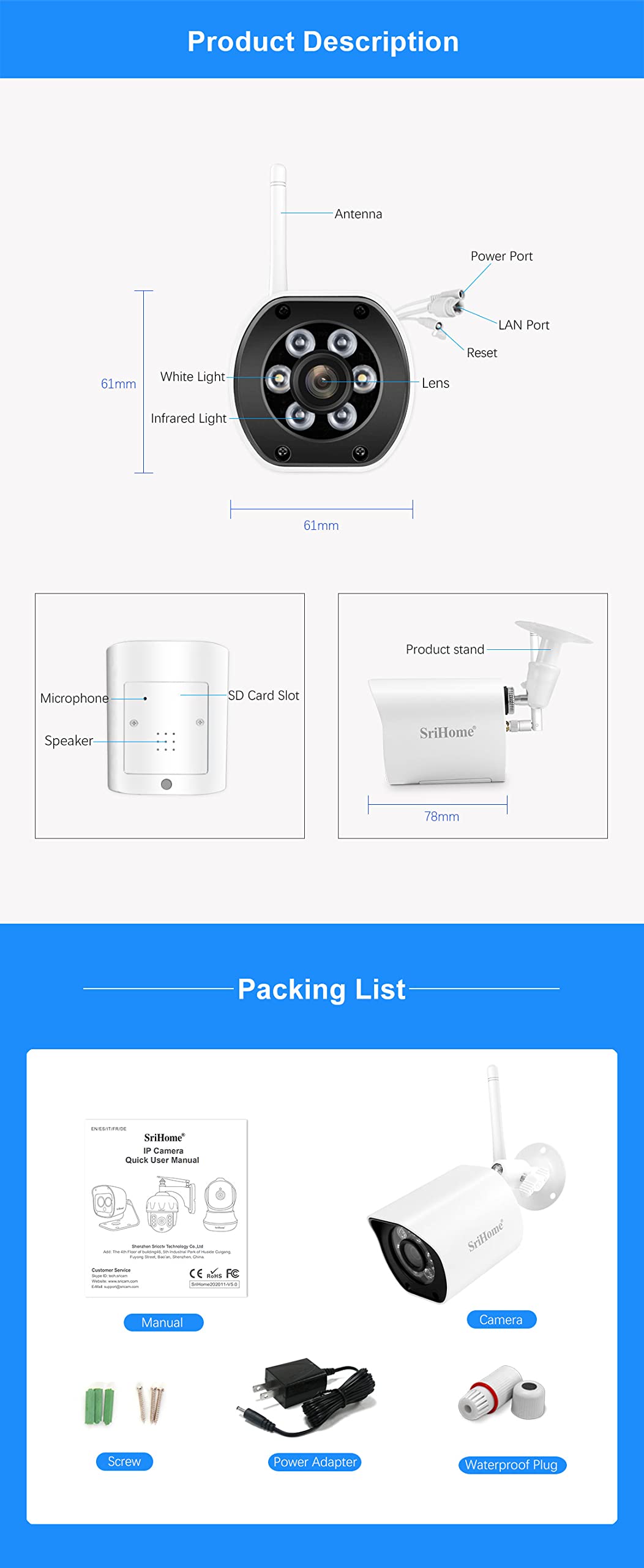 SRIHOME 5MP 1920P QHD Mini WiFi Surveillance IP Camera, Humanoid Detection, Full-color Starlight Night Vision, IP66 Waterproof, 2Way Audio, Outdoor/Indoor, Multi-method Local Storage
