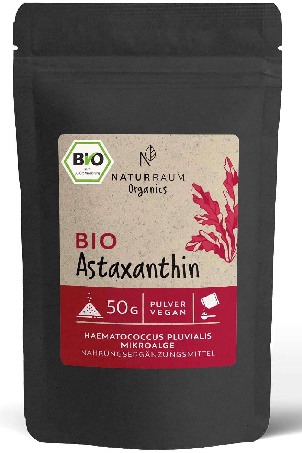 Bio Astaxanthin Pulver hochdosiert I 50g I Vakuumiert I Vegan I natürliches Antioxidant aus Haematococcus Pluvialis Mikroalgen I Dosierhilfe zum Dosieren von 8 mg, 12 mg & 16 mg I ohne Zusätze (50g)