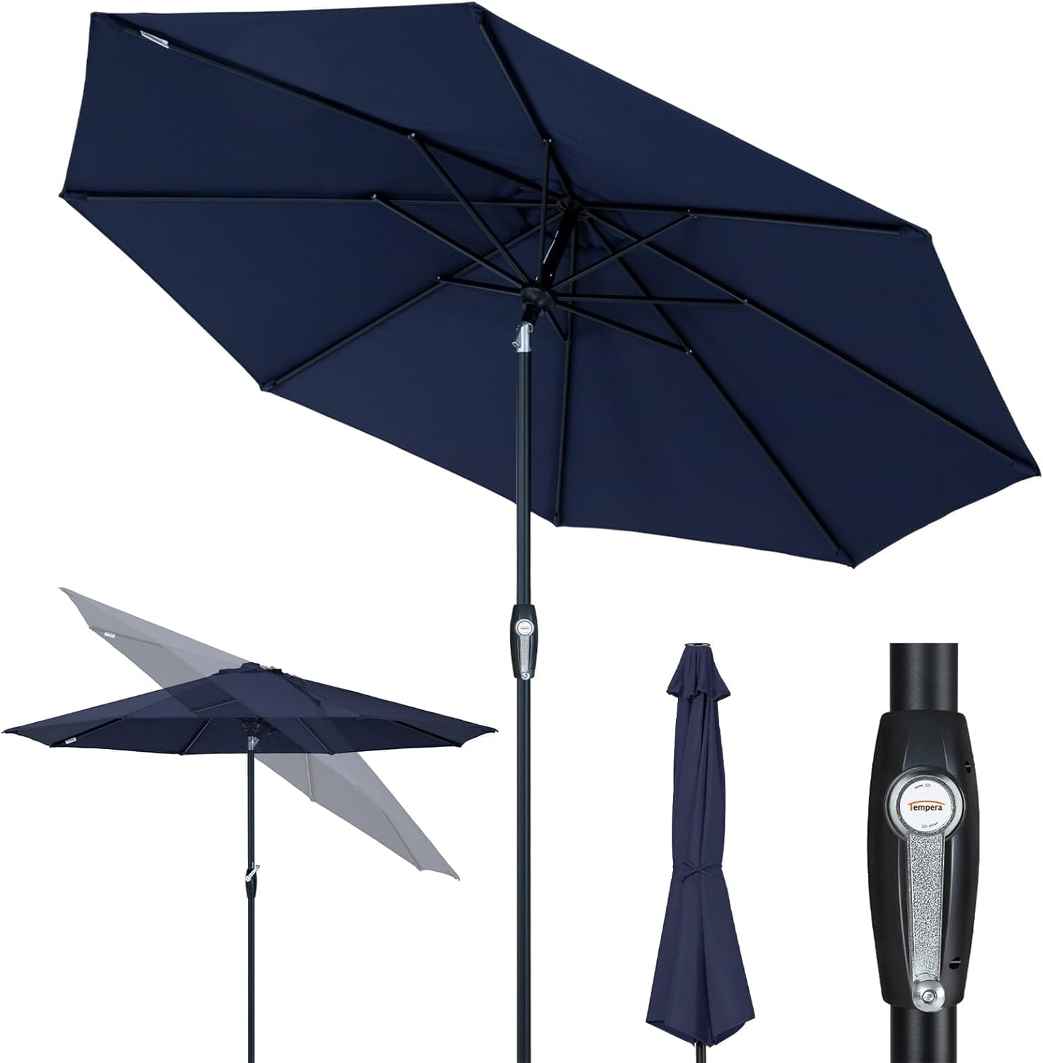 Tempera Patio Market Outdoor Table Umbrella with Auto Tilt and Crank,Large Sun Umbrella with Sturdy Pole&Fade resistant canopy,Easy to set Navy 10ft