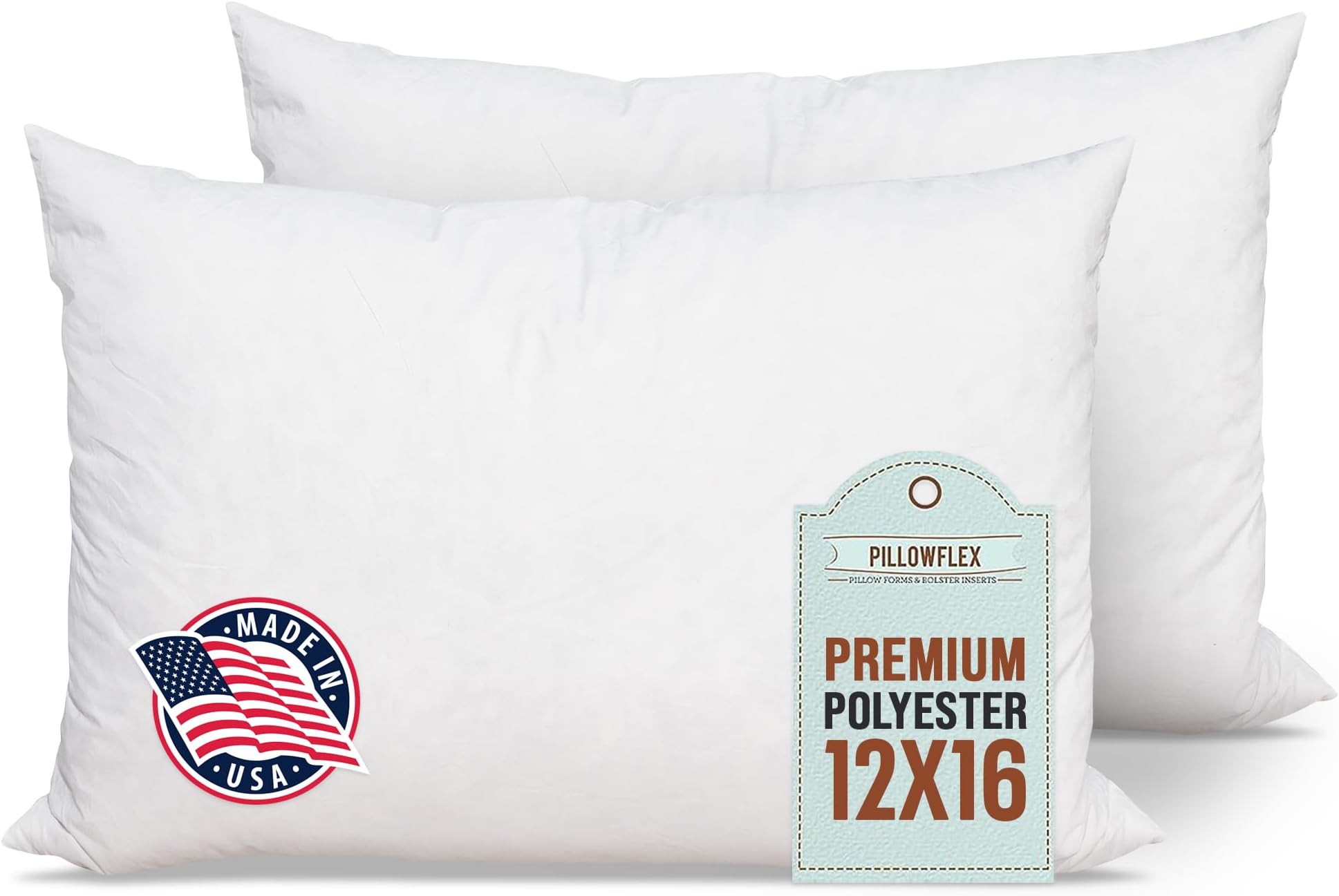 Pillowflex Premium Polyester Pillow Insert – 12x16 - Rectangle Pillow Form, Machine Washable, Soft Sham Supports, Decorative Form for Covers and Throw Pillows, Hypoallergenic - Made in USA - 2 Pack