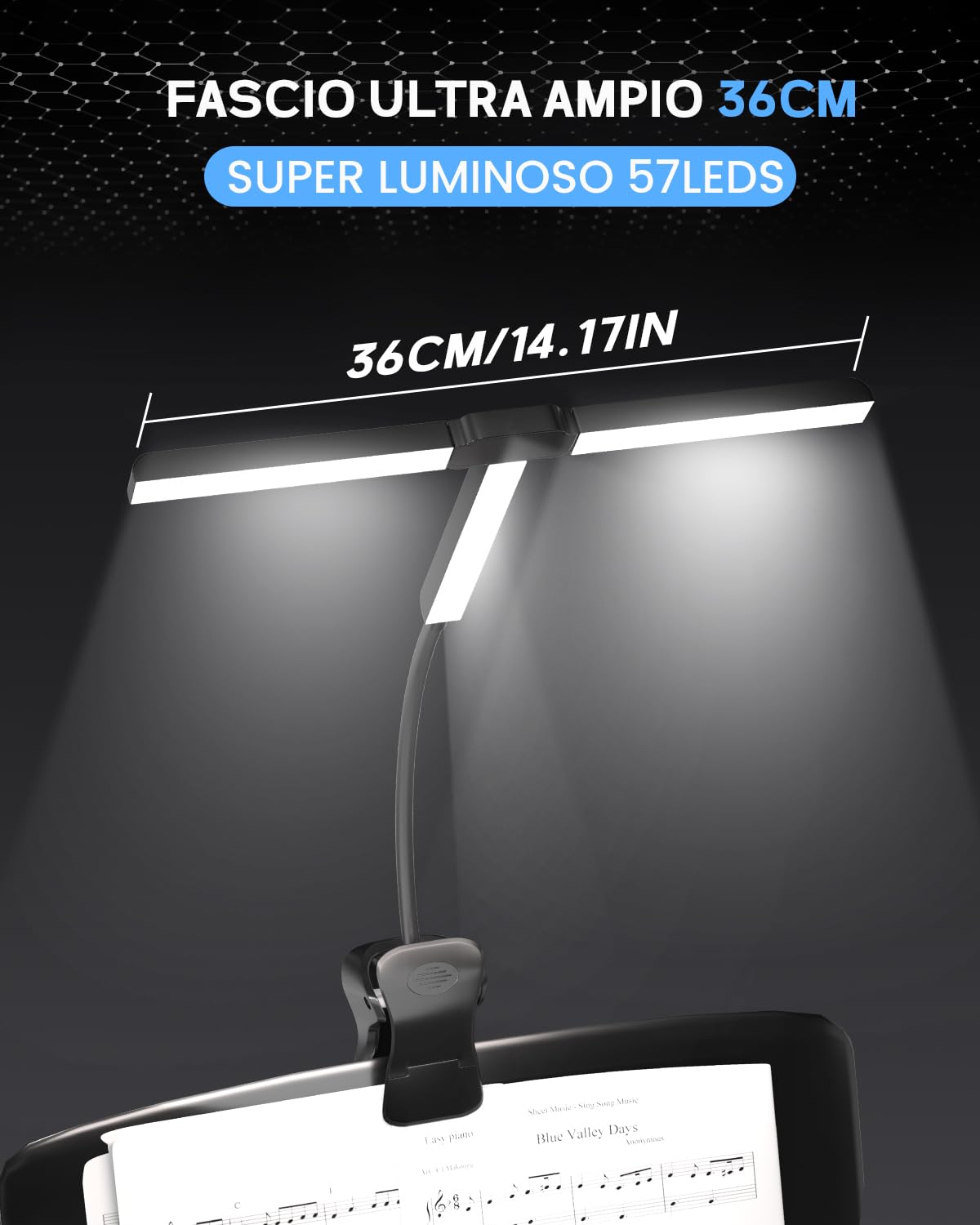 Ultra-Ampia 36CM Luce da Leggio Musicale a Pinza, 57 LED Super Luminosi, 4 Colori x 3 Luminosità, Pieghevole Forma-T Lampada Pianoforte per Spartiti e Lettura Libri, Ricaricabile USB-C