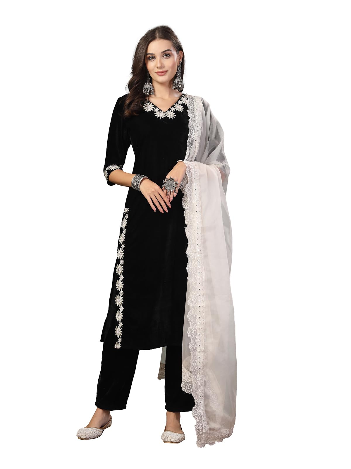 Stylum Women's Solid & Embroidered Velvet Straight Kurta Pant Dupatta Set (Kpdblacksayra36_Black, S)