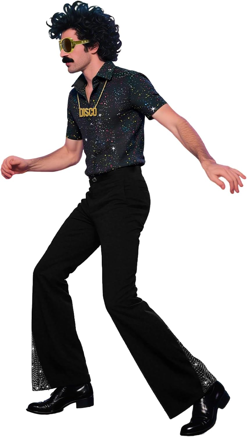 Mens 6Pcs 70s Disco Costume Outfits Short Sleeve Retro Shirt With Bell Bottom Pants - Image 3