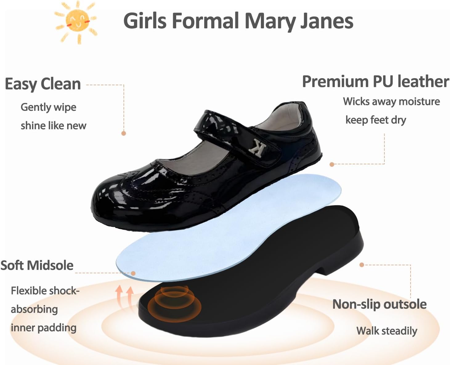 Girls Timeless Black Patent Leather Mary Jane Shoes, Brogue Perforation & K-Logo School Shoes, Perfect for Uniform & Special Occasions
