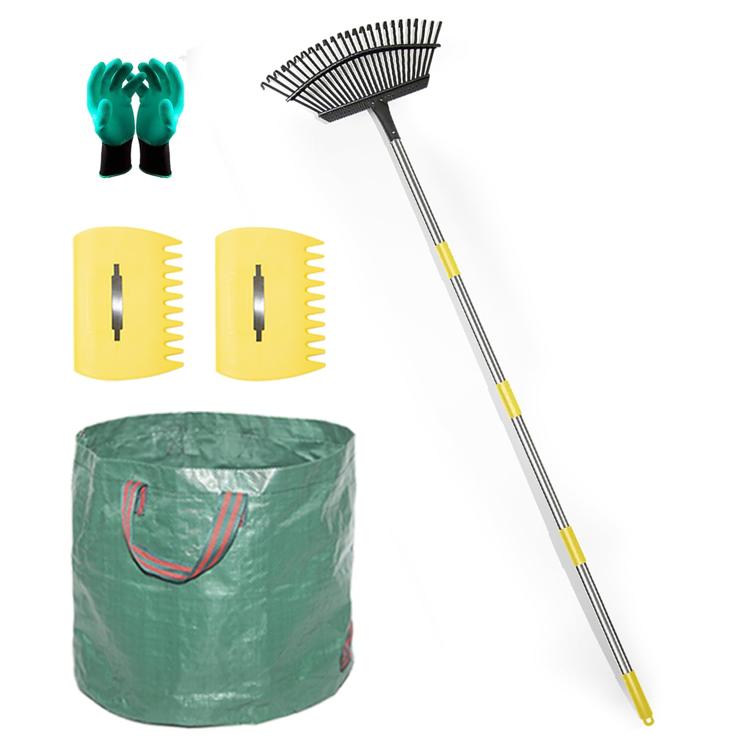Stanew Garden Leaf Rake Set, 1.65M Telescopic handle, include 25-Teeth 45CM Aluminum Lawn Rake and Lightweight Garden Yard Leaf Scoops