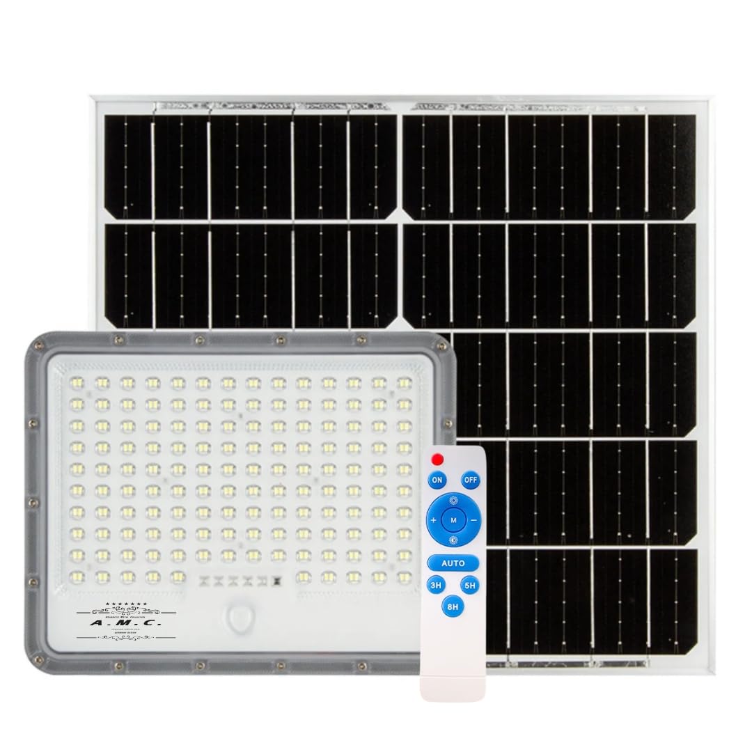 AMC Faro led esterno con pannello solare 600 Watt, luci solari, Lampade da parete per esterni, luci solari da giardino con pannello crepuscolare, angolo di illuminazione 120°, 5 m, isolamento IP67