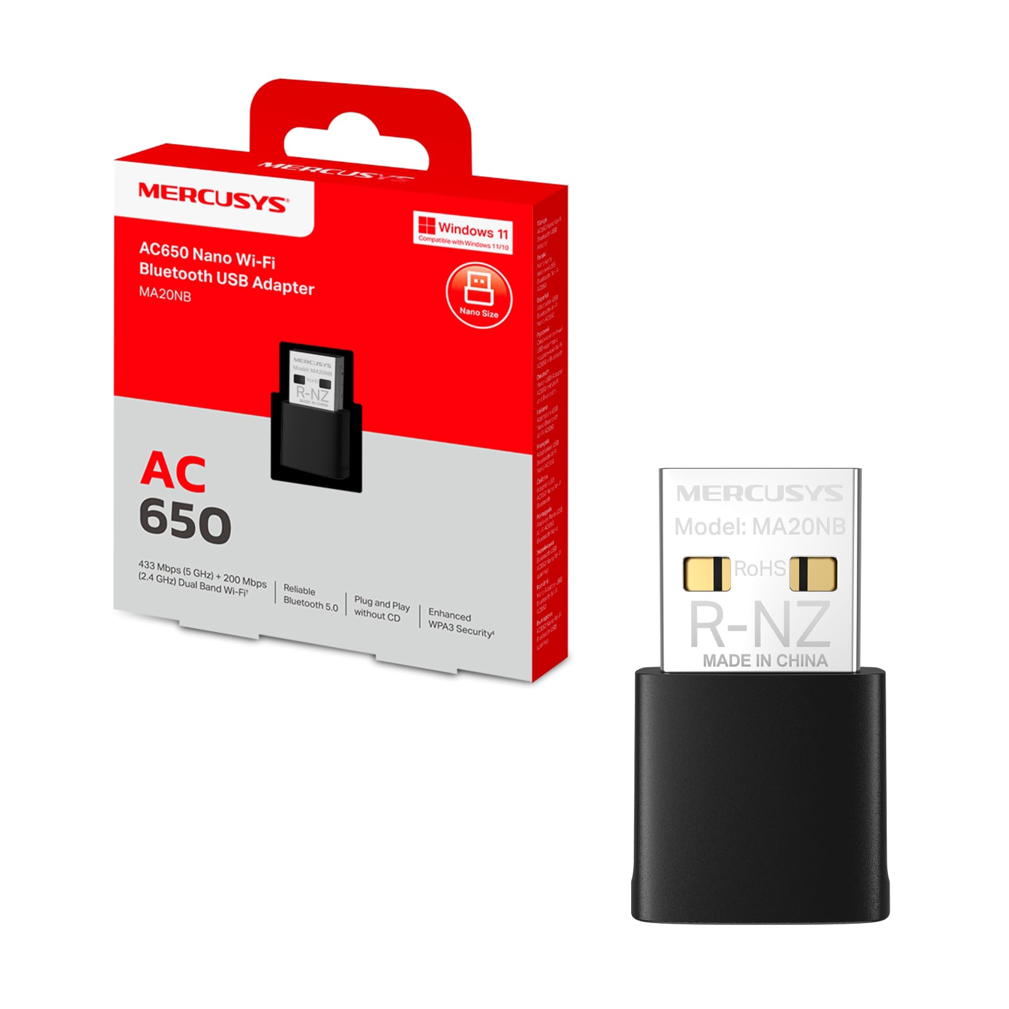 Mercusys TP-Link MA20NB Adattatore WiFi USB AC650Mbps con Bluetooth 5.0, Nano Chiavetta WiFi per PC Fisso, Dual Band 433/200 Mbps, WPA3, USB 2.0, Plug & Play, Compatibile Windows 11/10