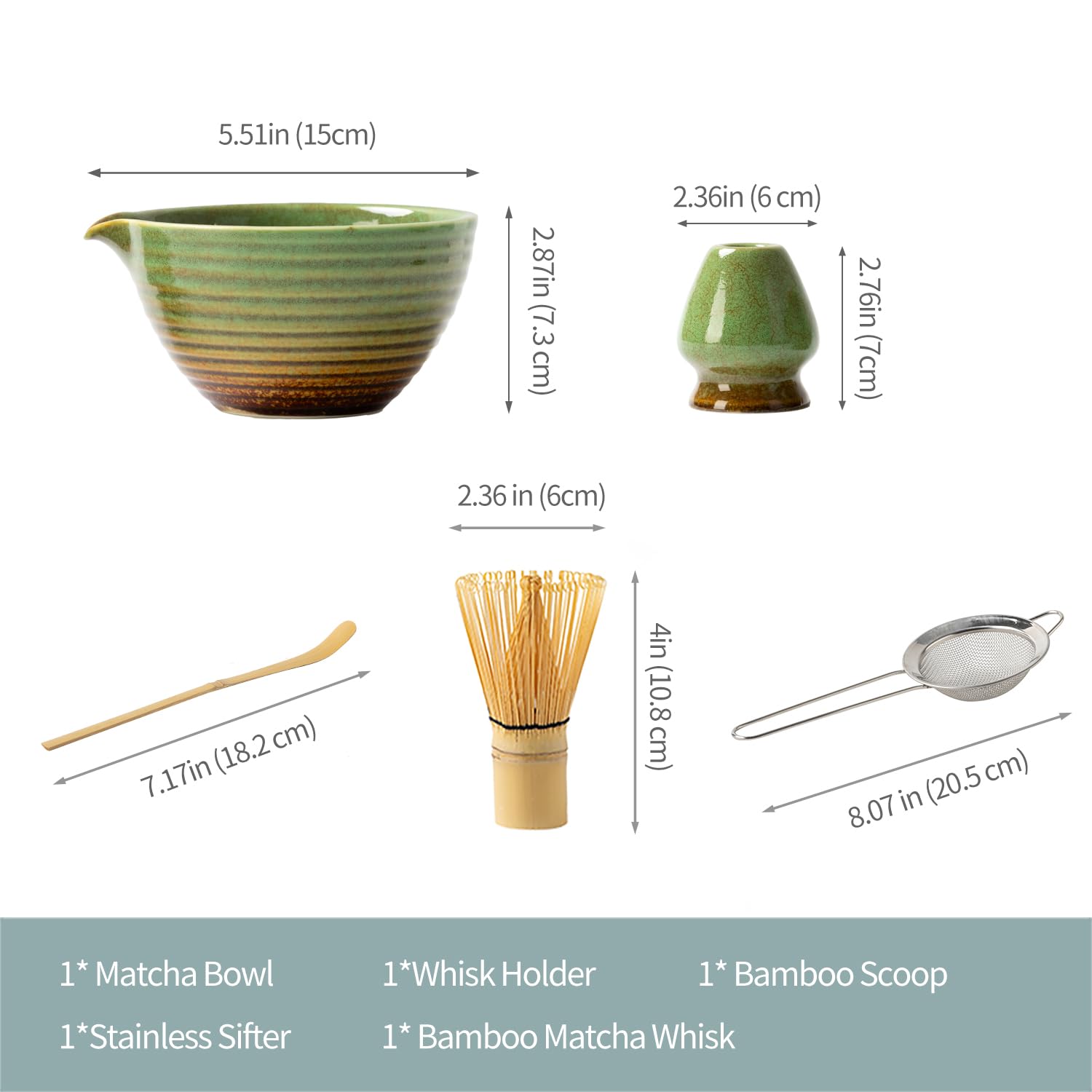 Service traditionnel de cérémonie du thé matcha avec bol en céramique, fouet en bambou, support et passoire, 5 pièces (vert)