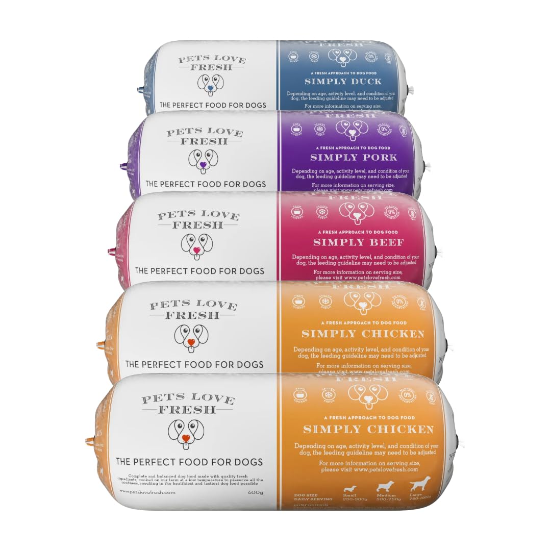 Healthy & Tasty Fresh Dog Food by Pets Love Fresh - 100% Natural - Real British Meat - Zero Preservatives - Variety Pack - Chicken, Pork, Beef & Duck (8 x 600g chub rolls)