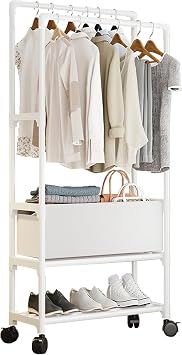 Stylish Hanger Rack, Clothes Rack with Storage, Double Rod, 2-Tier, Clothes Hanger Stand, Clothes Hanger, Shelf, Slim, Compact, with Casters, Entryway Clothes Storage Hanger, Multi-functional, Clothes
