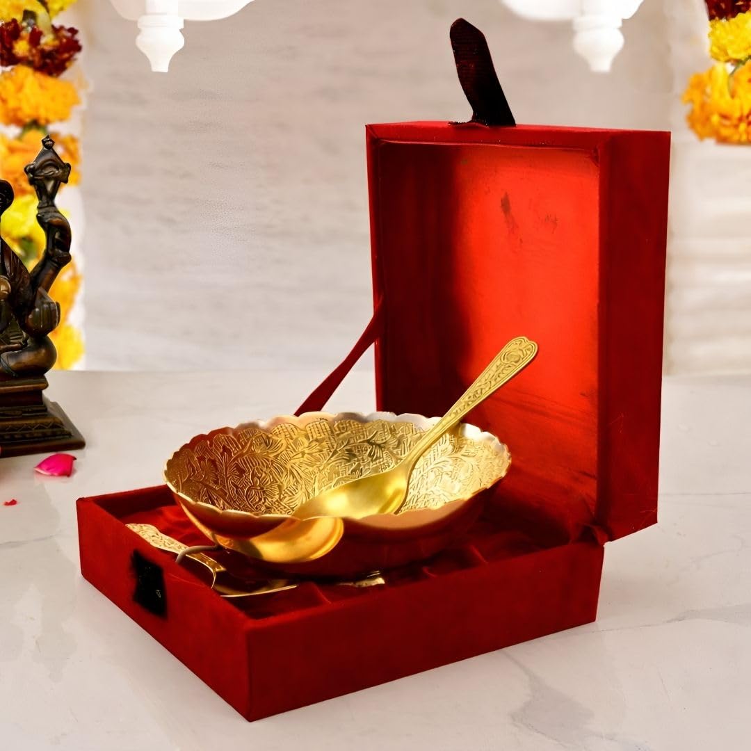 Tarang Arts Luxury Gold Plated Dry Fruit Bowl with Spoon & Velvet Gift Box | Premium Decorative Serving Bowl for Pooja, Wedding, Diwali, Housewarming & Return Gifts | Festive Home Decor Gift Item 1