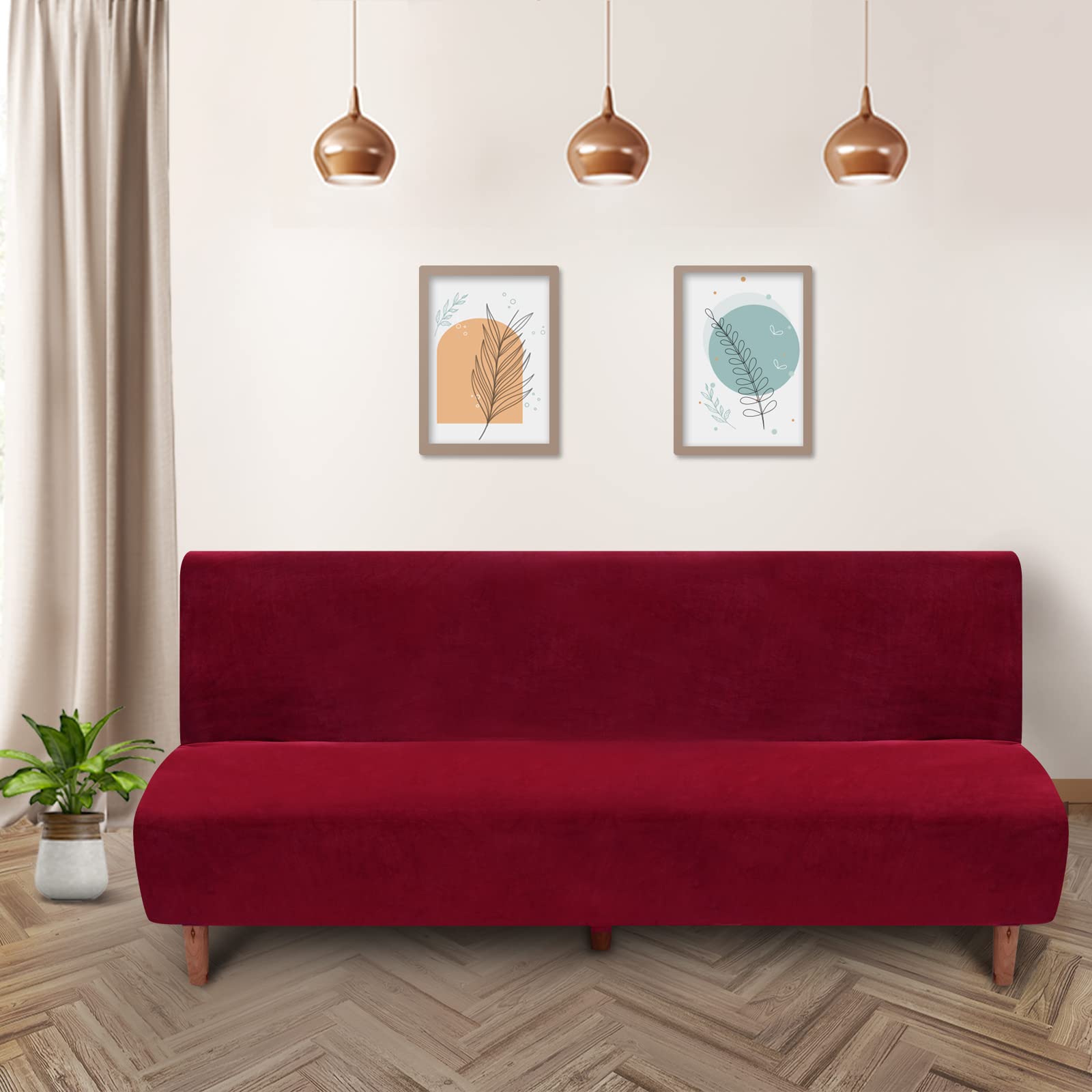 Lydevo Copridivano 3 Posti Senza Braccioli Elasticizzato Universale, Copridivano Letto Pieghevole Clic Clac Lavabile Rimovibile Estraibile, Fodera per Divano Futon per Soggiorno Casa,Samt Vino Rosso