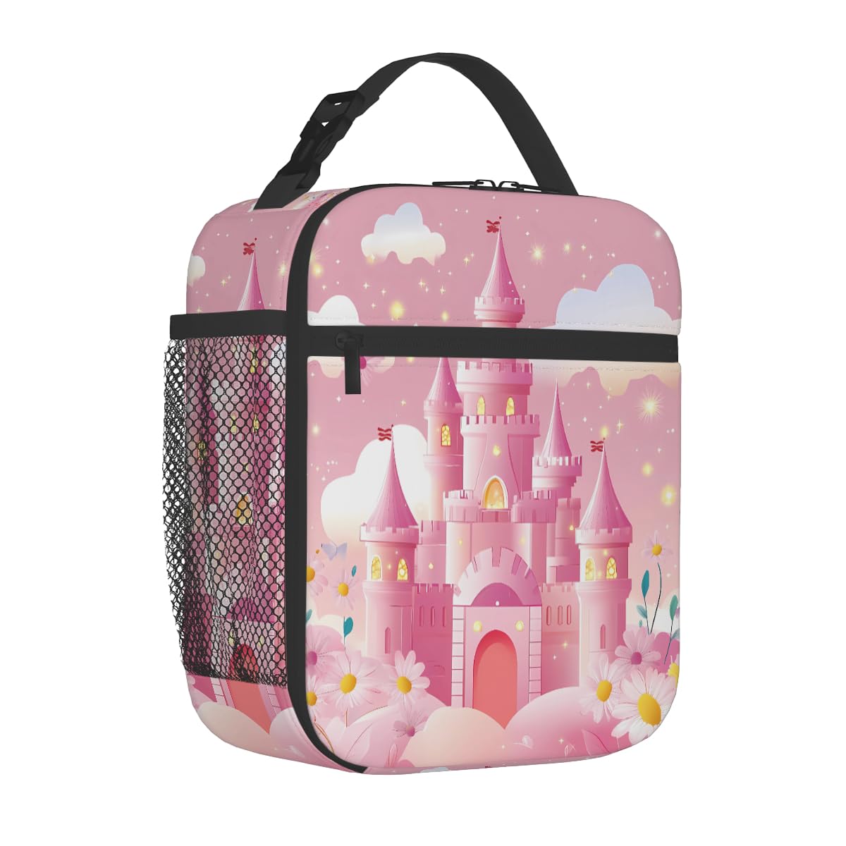Peaom Kids Lunch Bag Pink Cartoon Castle Insulated Lunch Bags for Boys Girls Back to School, Reusable Thermal Cooler Lunch Box Tote Bag for Pinnic Travel Hiking