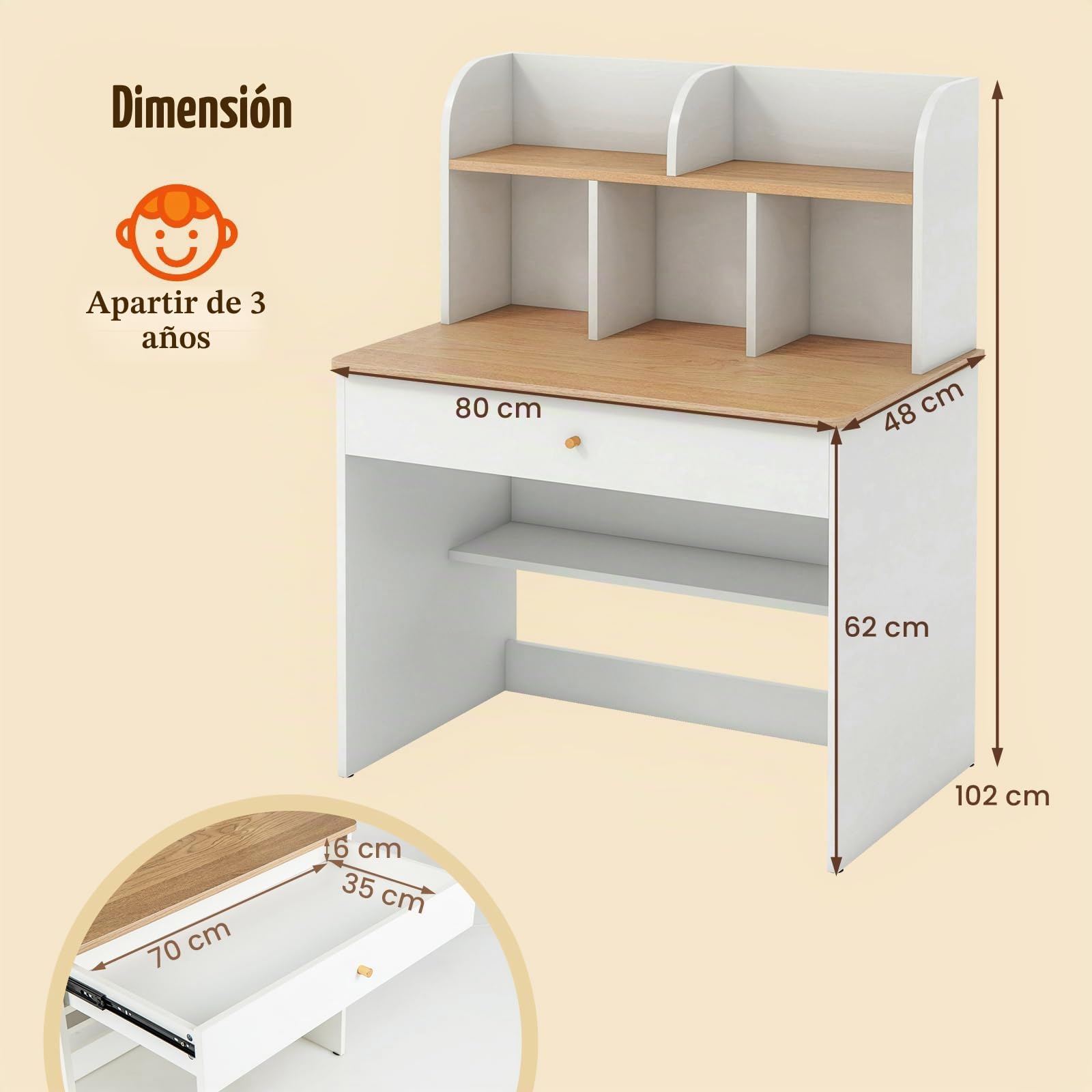 LIFEZEAL Escritorio Infantil, Mesa de Estudio para niños, Escritorio ergonómico con estantes Abiertos y cajón, estación de Trabajo con estantería de Almacenamiento para Estudiantes, Blanco