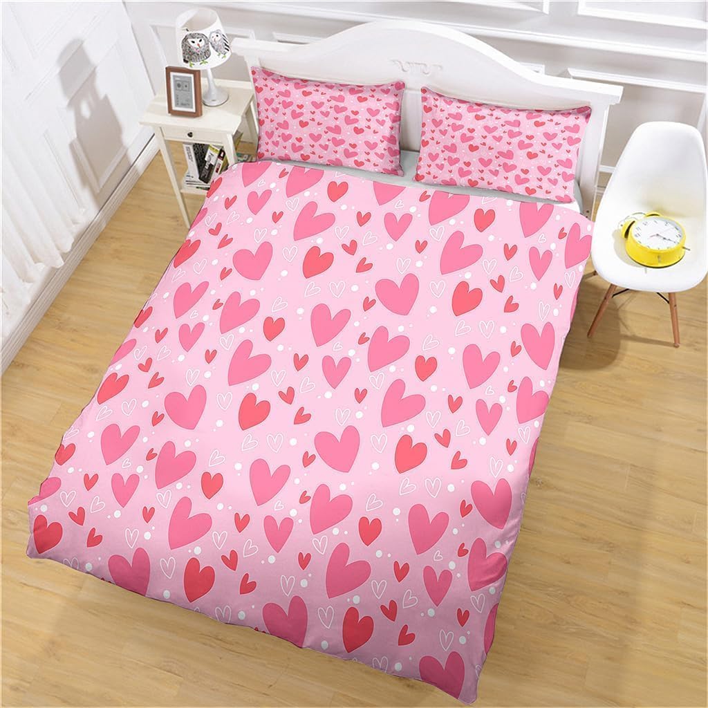 Bettwäsche 200x200 Liebe Herzen Bettwäsche-Sets Romantisches Pärchen 3D Druck Bettbezug Liebe Herzen Weiche Mikrofaser 3 Teilig Bettbezüge mit Reißverschluss und 2 Kissenbezug 80x80cm I401