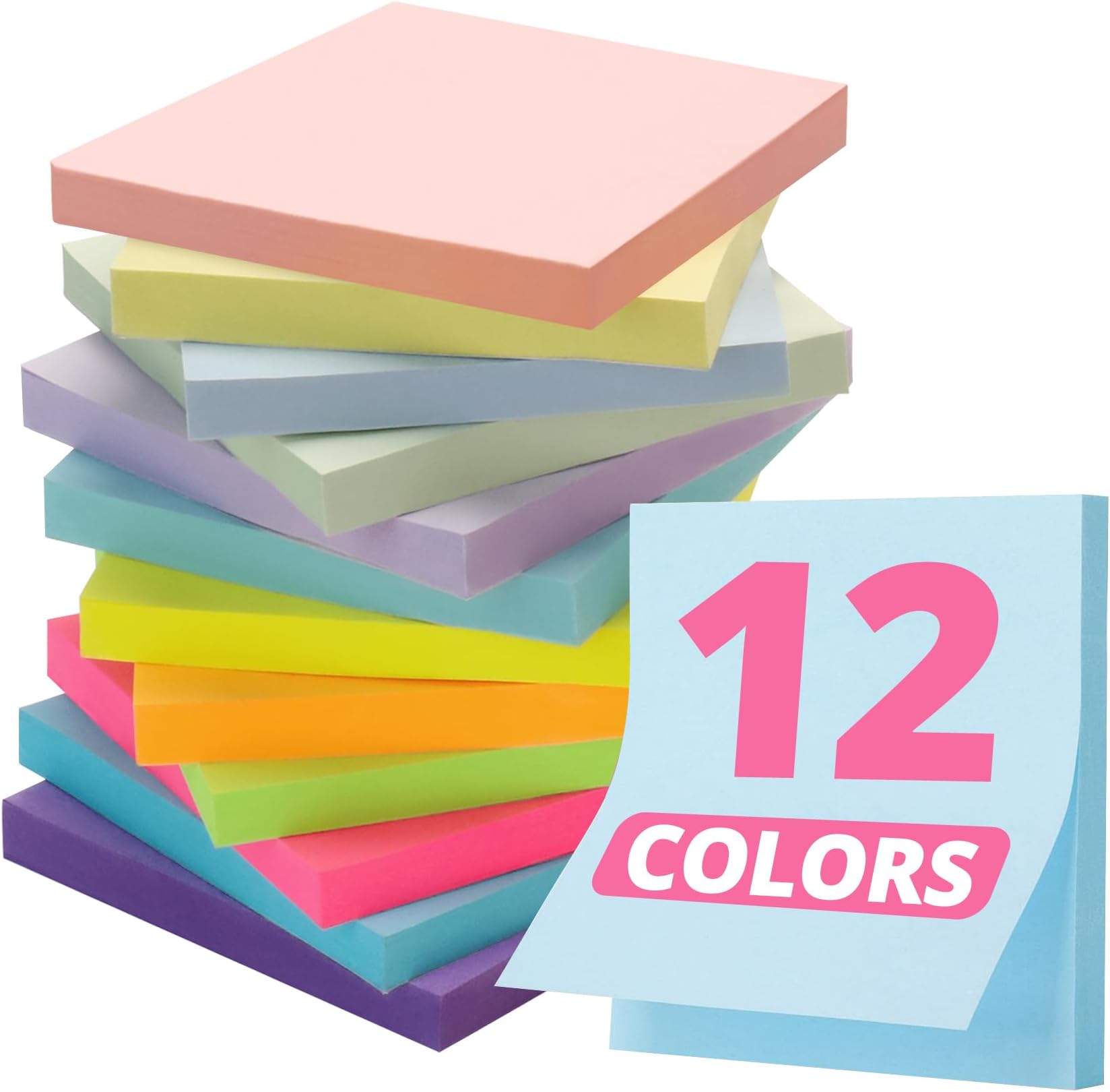 Taja 12 Pads Sticky Notes, 3 x 3 Inches, 12 Pastel Colors, 50 Sheets/Pad