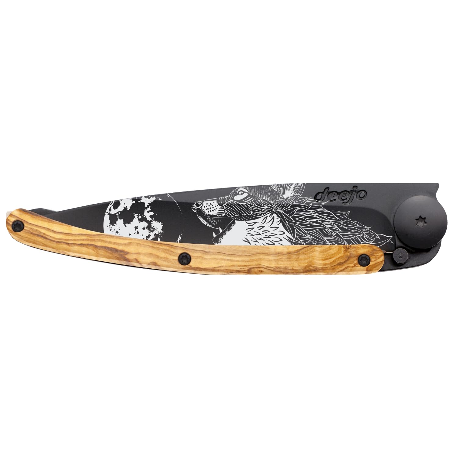 deejo - Couteau de Poche Pliant 37g avec Clip Ceinture - Manche en Bois d’Olivier, Lame en Acier Inoxydable Z40C13 - Motif Hurlement - Couteau de Table, Randonnée, Camping, Bivouac