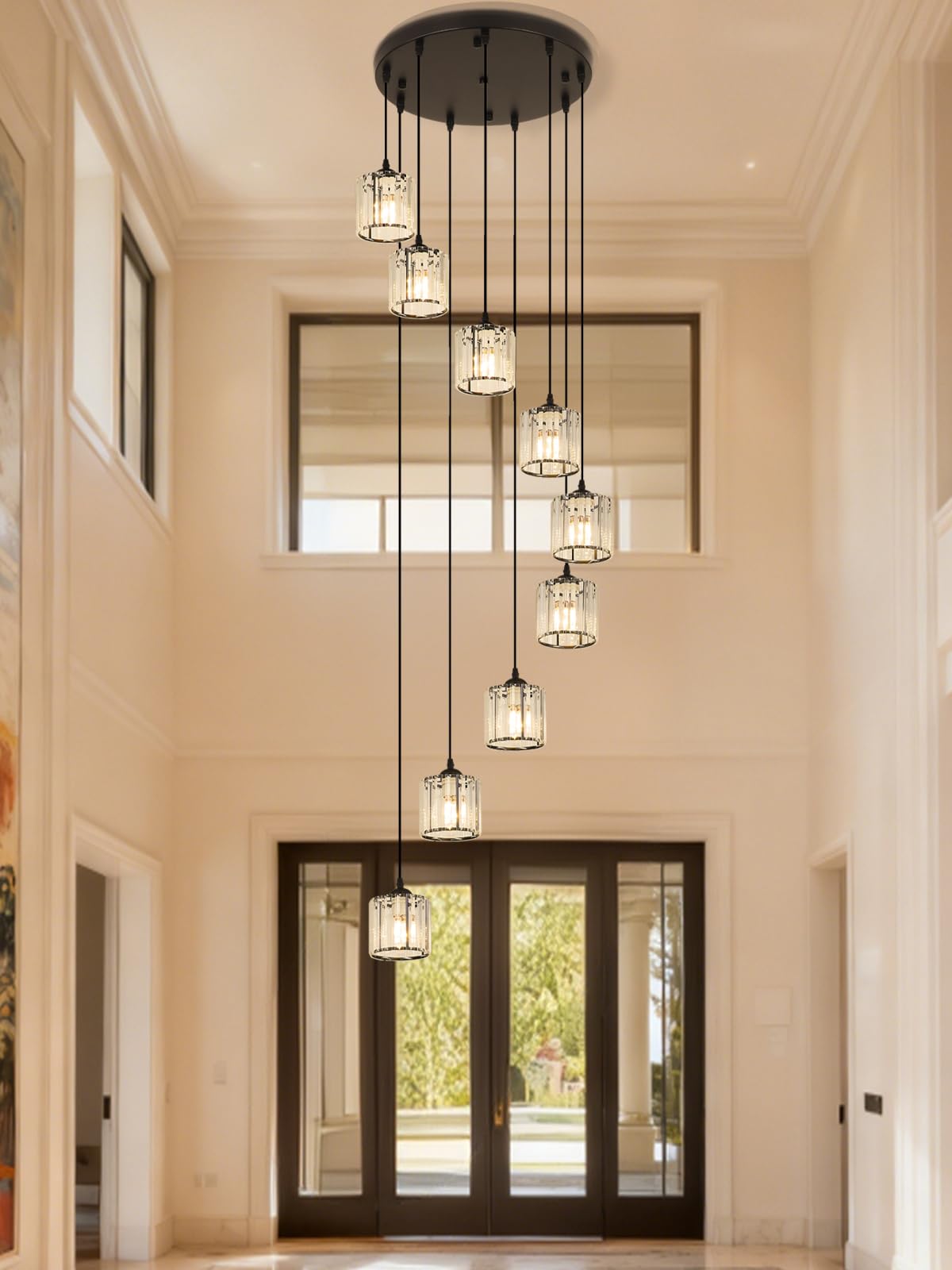 Long Chandeliers for High Ceilings,Modern Crystal Pendant Light,Raindrop Drop Lamp,Hanging Flush Mount Lighting Fixtures for Spiral Staircase,Foyer,Entryway,Living Room,Black (8 Lights)