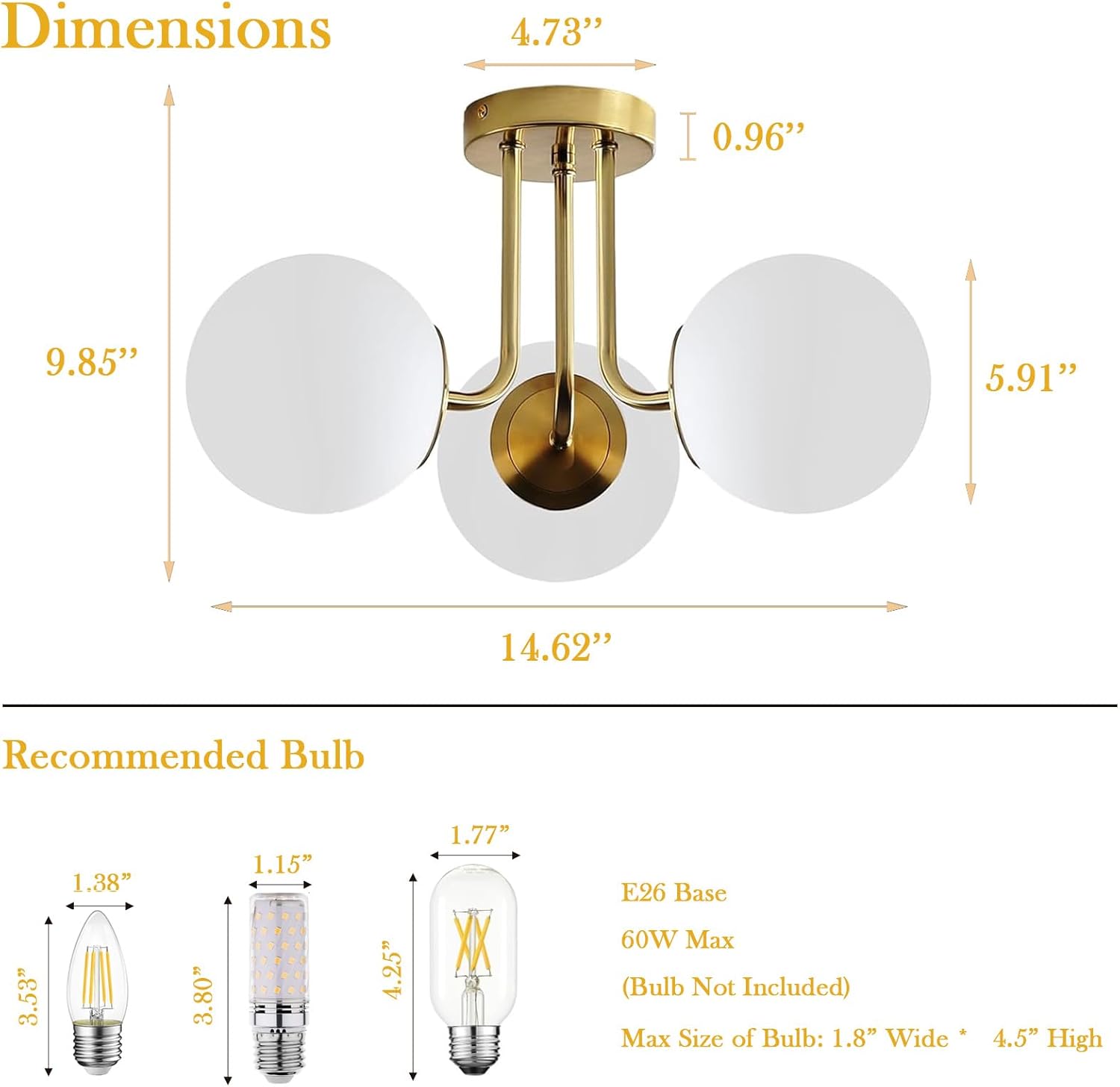 Mid Century Modern Brass 3-Light Gold Ceiling Light, Sputnik Ceiling Light Fixture with Globe White Glass, Semi Flush Mount Ceiling Light for Living Room Hallway Foyer, E26 Base