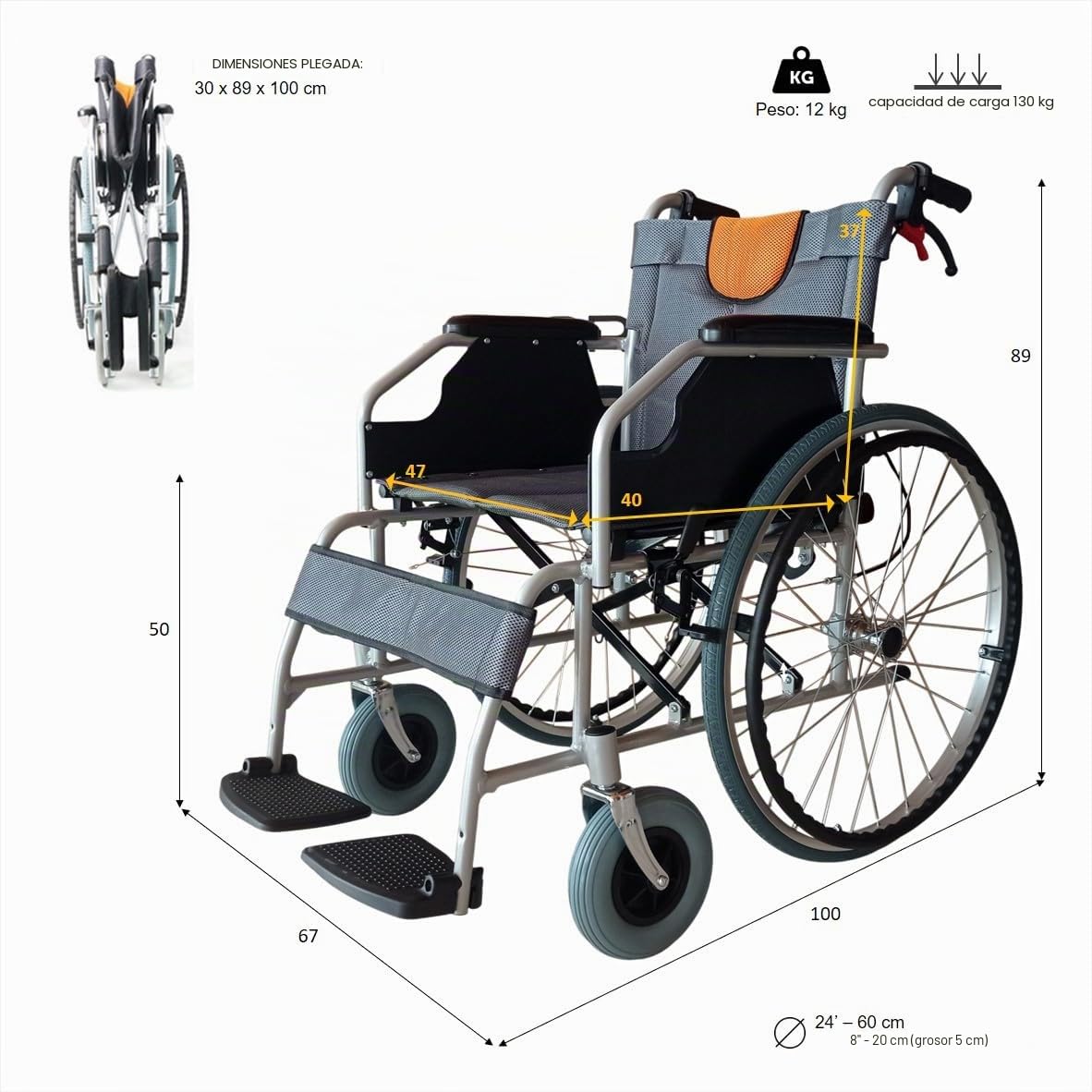 LIGERA Silla de ruedas de aluminio plegable y autopropulsable